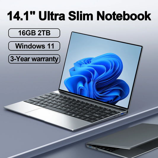 14.1"Ultra Slim Laptop 16GB RAM 2TB SSD Intel N3700 Notebook Gamer 1920*1080 Display Office Study Computer PC Windows 11 Pro.