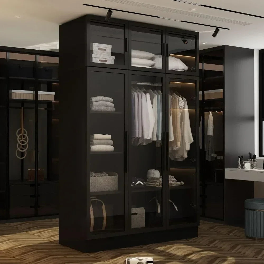 Glass Wardrobe Closet with Lights, Amoire Wardrobe with Glass Doors and Shelves, Armoire Wardrobe Closet with Hanging Rod