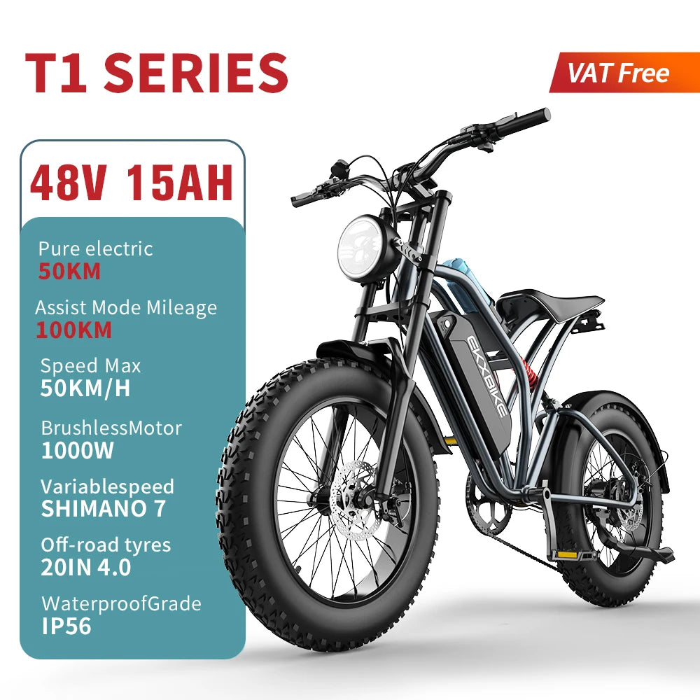 EKX T1 Electric Bike 20‘’*4.0 Fat Tires 1000W Motor 48V20AH Lithium Battery Road Electric Bicycle For Adults Mountain E-Bike MTB