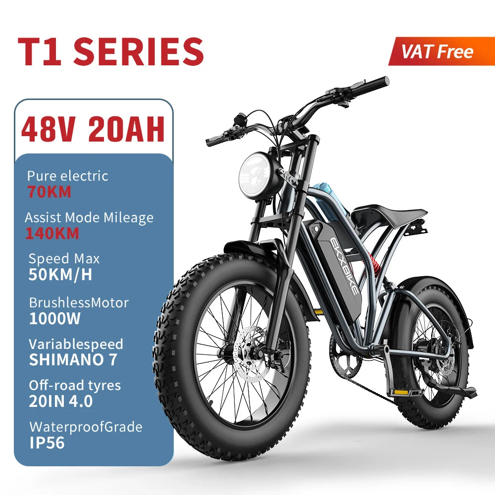 EKX T1 Electric Bike 20‘’*4.0 Fat Tires 1000W Motor 48V20AH Lithium Battery Road Electric Bicycle For Adults Mountain E-Bike MTB