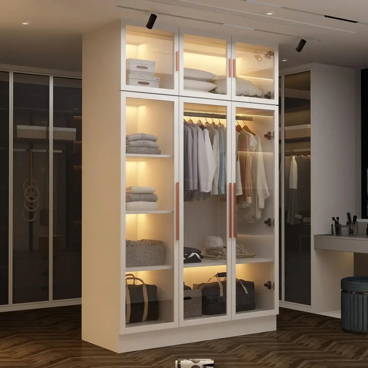 Glass Wardrobe Closet with Lights, Amoire Wardrobe with Glass Doors and Shelves, Armoire Wardrobe Closet with Hanging Rod